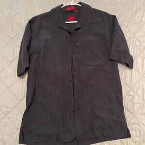Short Sleeve Button Down Dress Shirt Mens IZOD Pocket M Plaid Gray Black Baggy